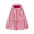 thumbnail image 2 of CaComMARK PI Women's Gingham Hooded Jacket Oversized Drawstring Waist Casual Zip Up Plaid Coat Outerwear with Pockets Red, 2 of 6