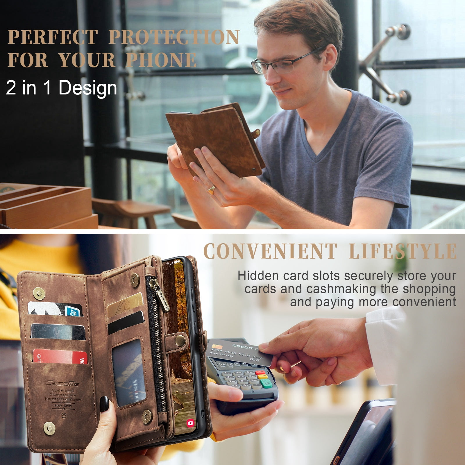 Allytech Magnetic Detachable Wallet Case for Samsung Galaxy A16 5G with Card Slots & Zipper Pocket, Support Wireless Charging, PU Leather Wrist Strap Shockproof Full Protection Flip Case, Darkbrown