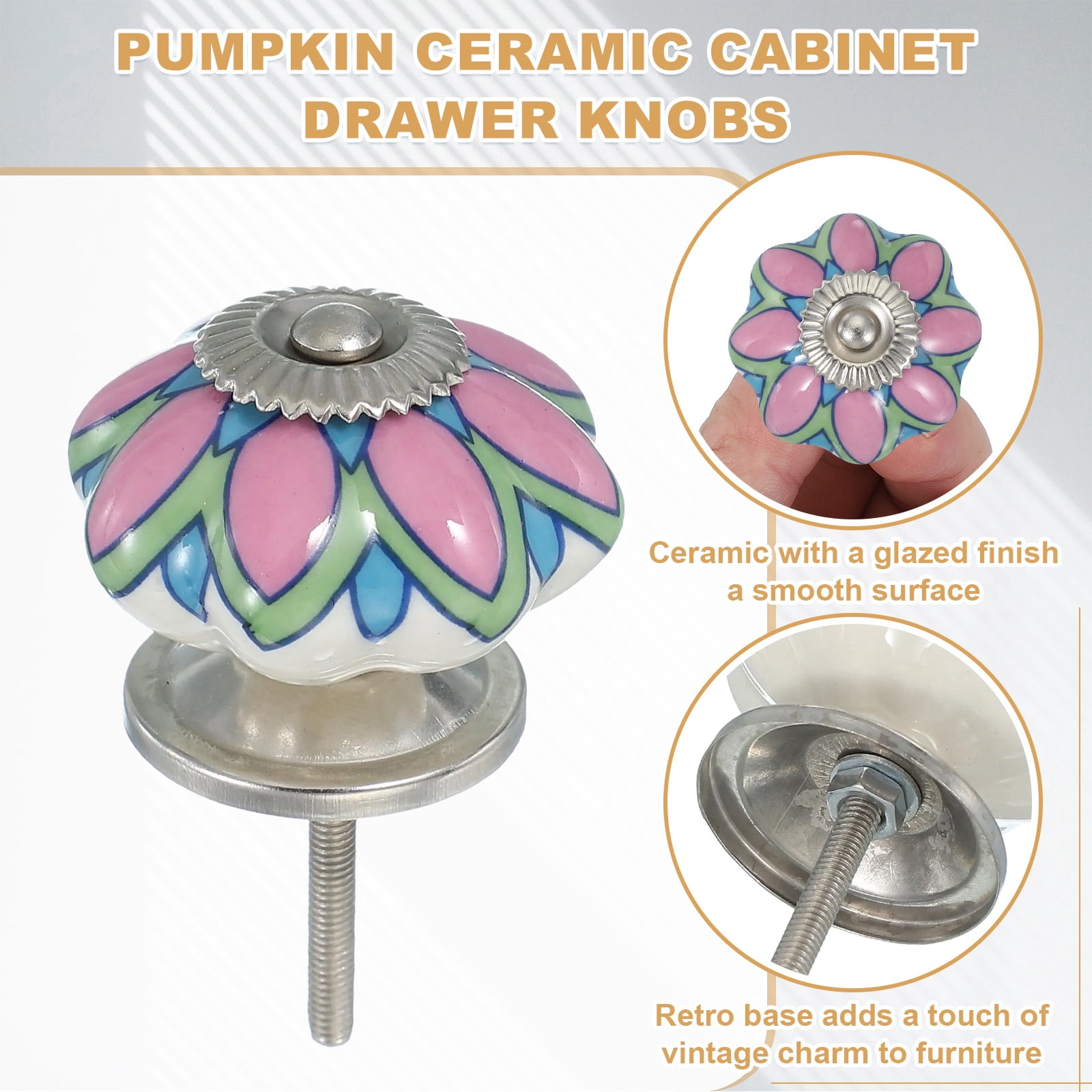 6 Packs Ceramic Knobs, Pumpkin Ceramic Cabinet Drawer Knobs with Screw for Closet Drawer Cupboard Wardrobe, Red/Green/Blue