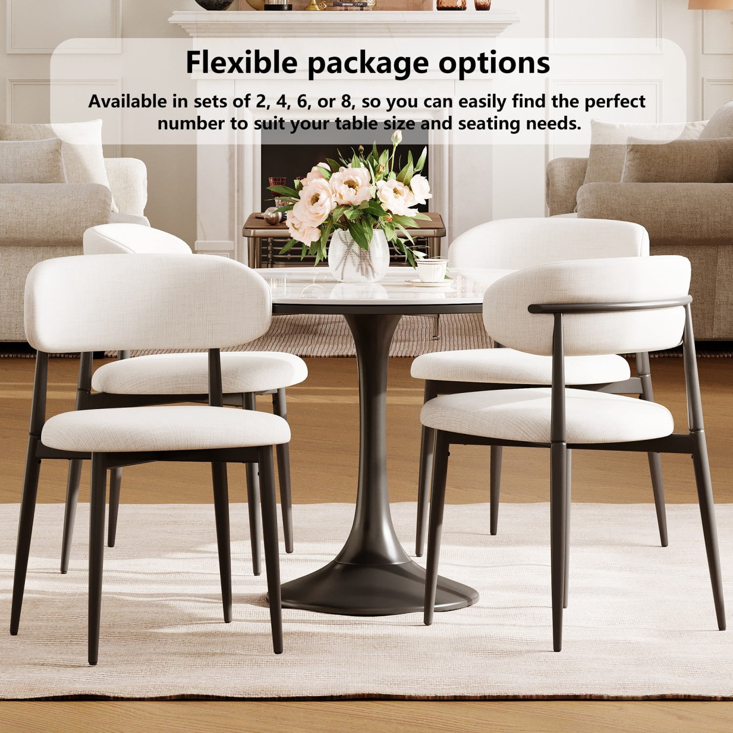Dining Chairs Set of 2 Metal Kitchen Chairs Modern Upholstered Fabric Dining Room Chairs with Ergonomic Backrest Beige Industrial Farmhouse Style, Black