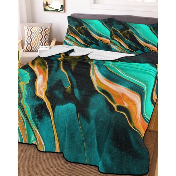 Dark Green Orange Marble King Size Down Alternative Comforter, Lightweight Comforter Quilt Bedding Set with Pillow Shams Modern Abstract Art Marbles All Seasons Bed Comforter Duvet Insert 96"x106"