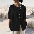 thumbnail image 2 of FRSASU Cotton Linen Shirt Women Spring Casual Scoop Neck 3/4 Sleeve Tops Button Loose Fit Beach Tops Soft Blouse Black, 2 of 6