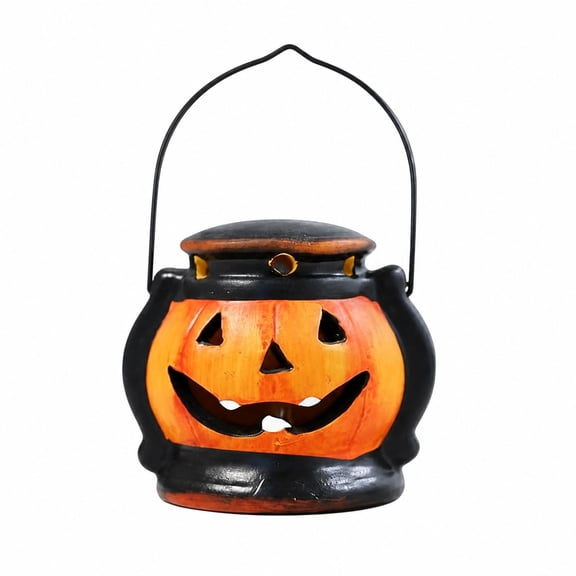 Lighted Ceramic Jack O Lantern Pumpkin Lanterns with Handle 4 Pack Halloween Tabletop Decor