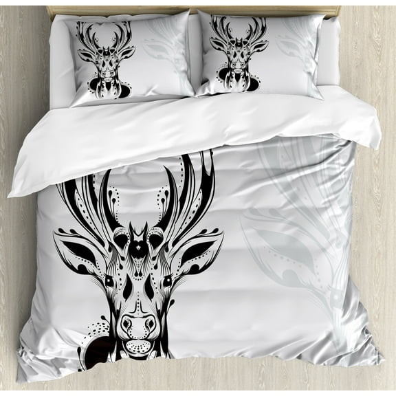 Antlers Duvet Cover Set, Tribal Deer Head Shadow Art Emblem Wilderness Ornamental Monochrome Art, Decorative 3 Piece Bedding Set with 2 Pillow Shams, Calking Size, Pale Grey Black, by Ambesonne