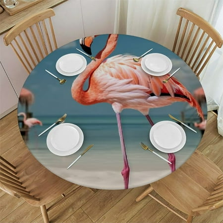 

Autua Flamingo Beach Scene Round Table Cover with Elastic Edge Stain Resistant and Washable Perfect for Indoor Outdoor Tablecloth Kitchen Dining Wedding Parties - 100% Polyester Fiber 42 -46
