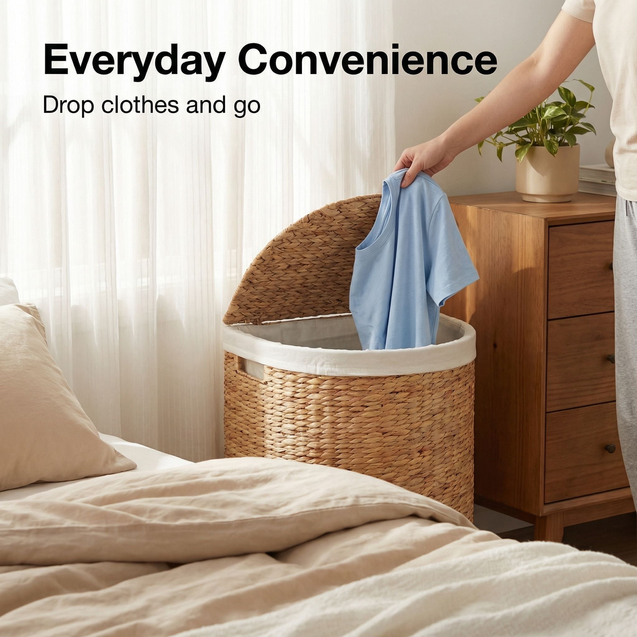 DEILSY Natural Half Moon Water Hyacinth Wicker Laundry Basket with Removable Liner and Lid,  Handwoven Wicker Hamper with Handles for Bathroom, Bedroom, or Laundry Room
