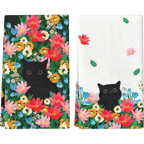 Wild Flowers Black Cat Spring Kitchen Towels Set of 2, Summer Plants Wildflower Dish Towel for Cat Mom Pet Plant Lovers, 18x26 Inch Floral Home Bathroom Kitchen Decor， Housewarming Gifts for Women