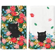 Wild Flowers Black Cat Spring Kitchen Towels Set of 2, Summer Plants Wildflower Dish Towel for Cat Mom Pet Plant Lovers, 18x26 Inch Floral Home Bathroom Kitchen Decor， Housewarming Gifts for Women