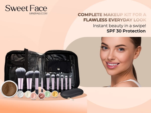 15 pc STARTER KIT w/BRUSHES & CASE (EBONY) Mineral Makeup Foundation Blush Bronzer Illuminating Veil Set Bare Skin Matte Powder