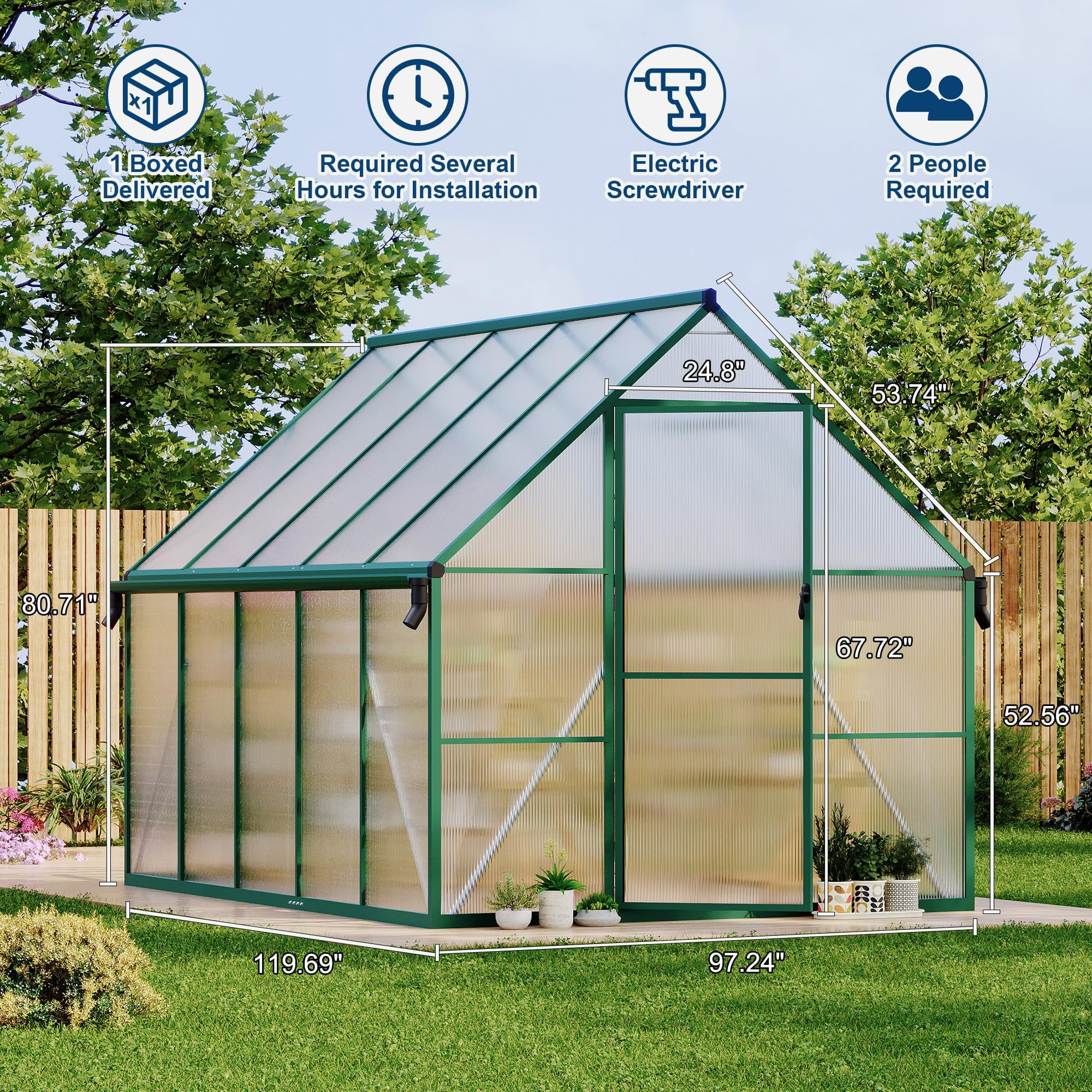 8'X10' Aluminum-Framed Polycarbonate Greenhouse,with Quick Setup Structure and Roof Vent, Large Enhanced Aluminum Greenhouses Kit for Outdoors,Green