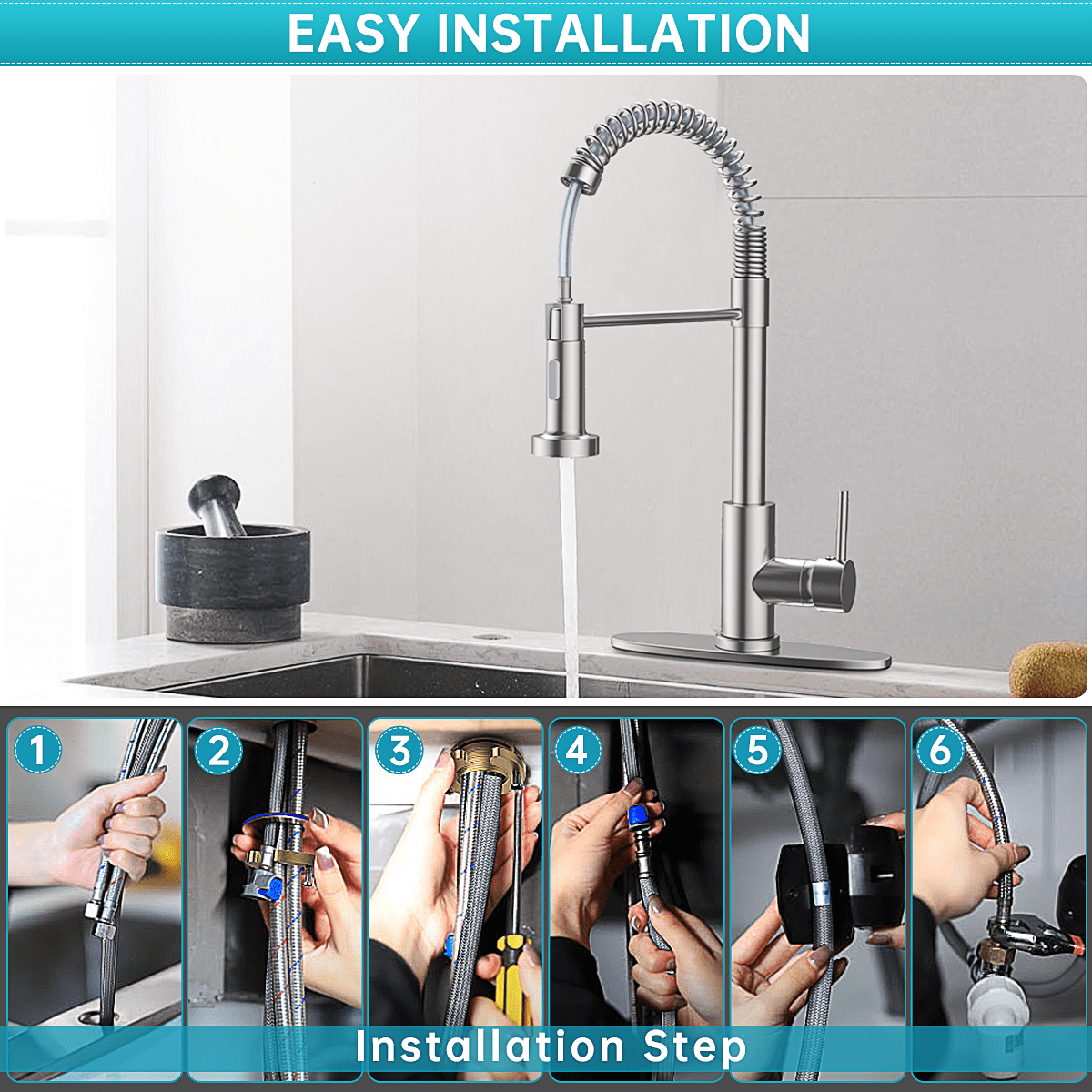 Kitchen Faucet w/ Pull Down Sprayer, High Arc Spring Kitchen Sink Faucet, Modern rv Single Handle Water faucets with Deck Plate&Water Lines, Dual Function for Bar/Laundry/Utility Sink, Brushed Nickel