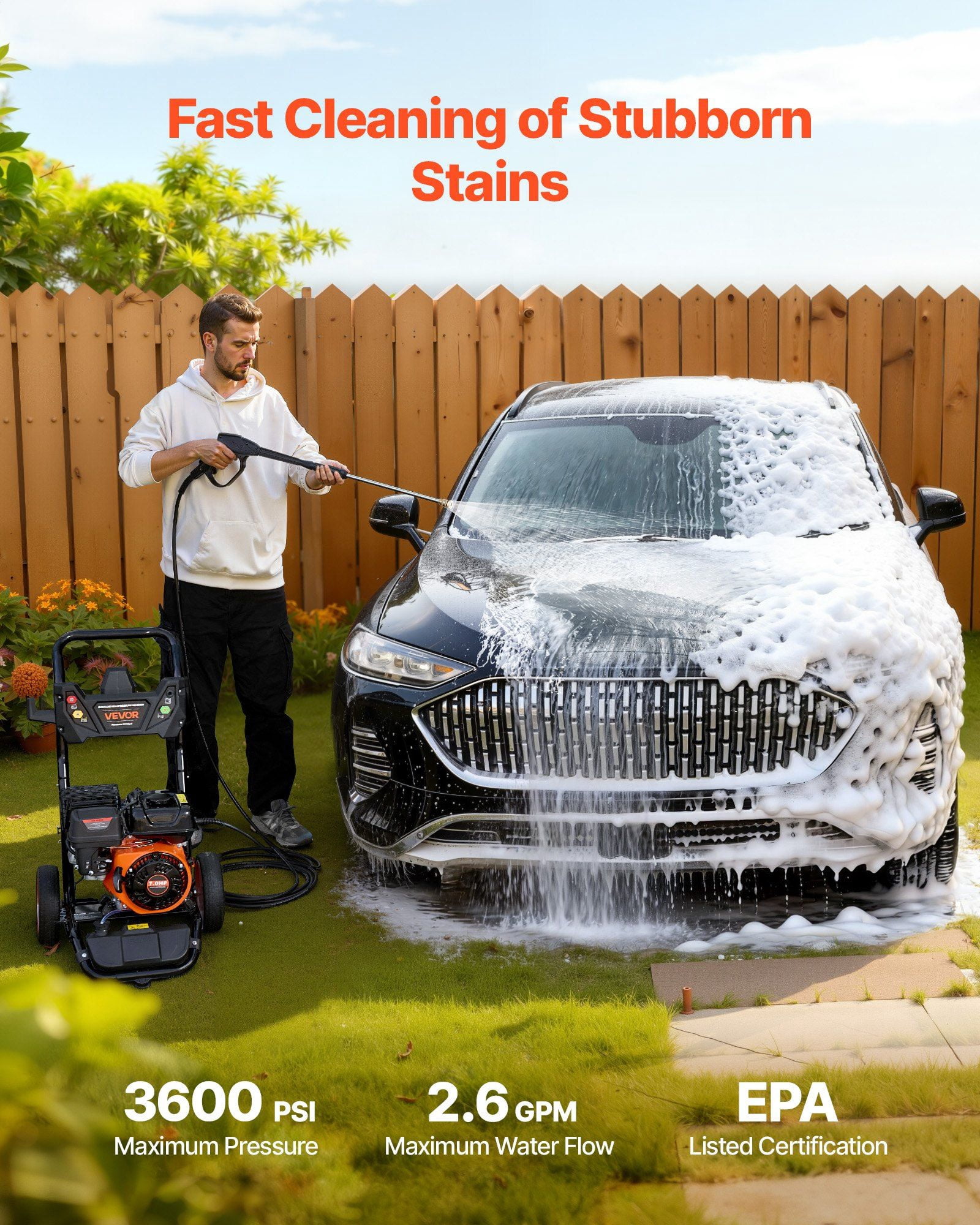 Gas Pressure Washer 3600 PSI 2.6 GPM, Full Copper Pump, 26 ft Hose, 5 Nozzles