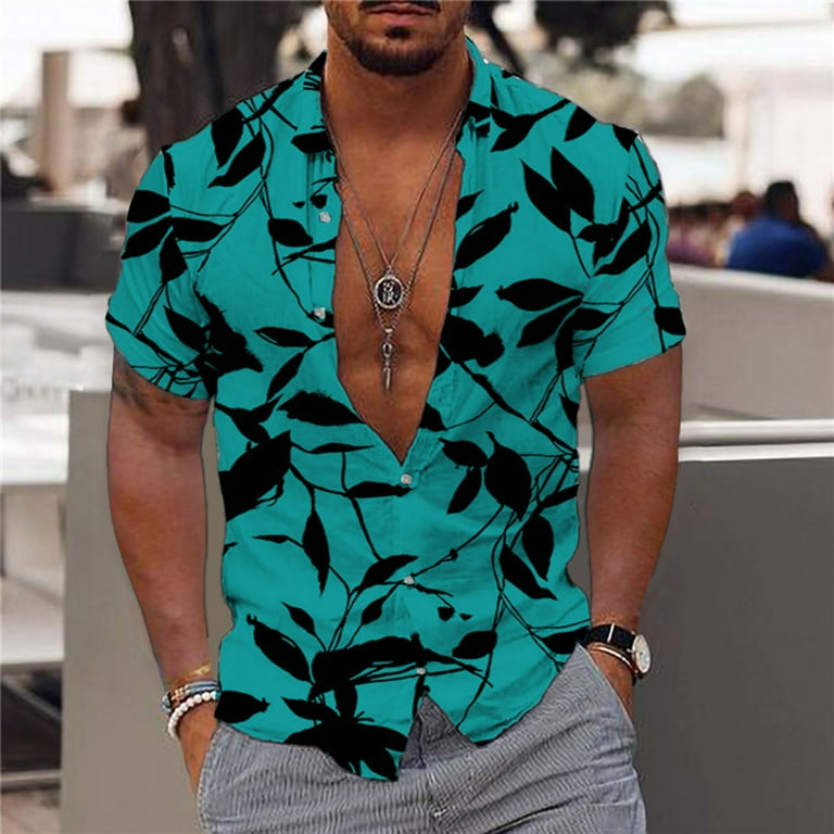 Men Fashion Casual Buttons Hawaii Printing Turndown Short Sleeve Shirt  Blouse SMihono Deals Turndown collar Tees Tops Shirt for Mens Trendy 2024  Green 16 