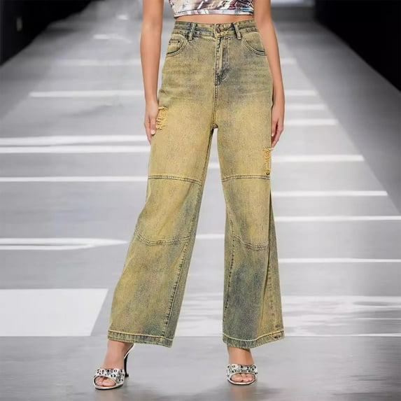 Yuwull Jean Work Pants Women'S Trendy Denim Capri Pants High Waist Wide Leg Pants Loose Straight Denim Trousers With Pockets