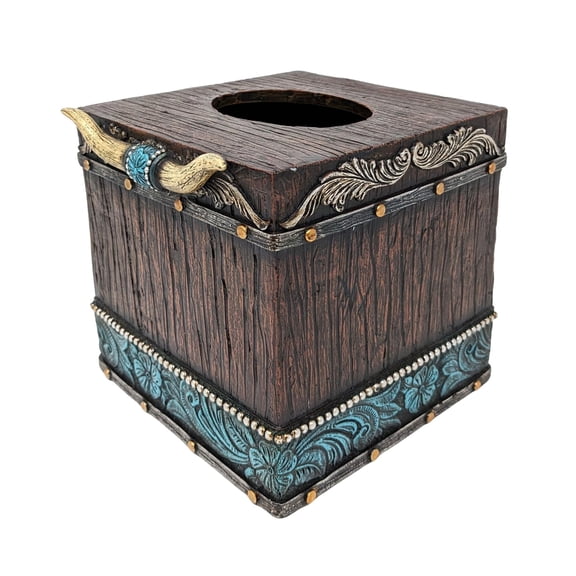 Southwestern Tissue Box Cover - Western Themed Faux Horns and Tooled Leather Tissue Box Holder -  Home Decor - Decorative Cowboy Tissue Box Cover