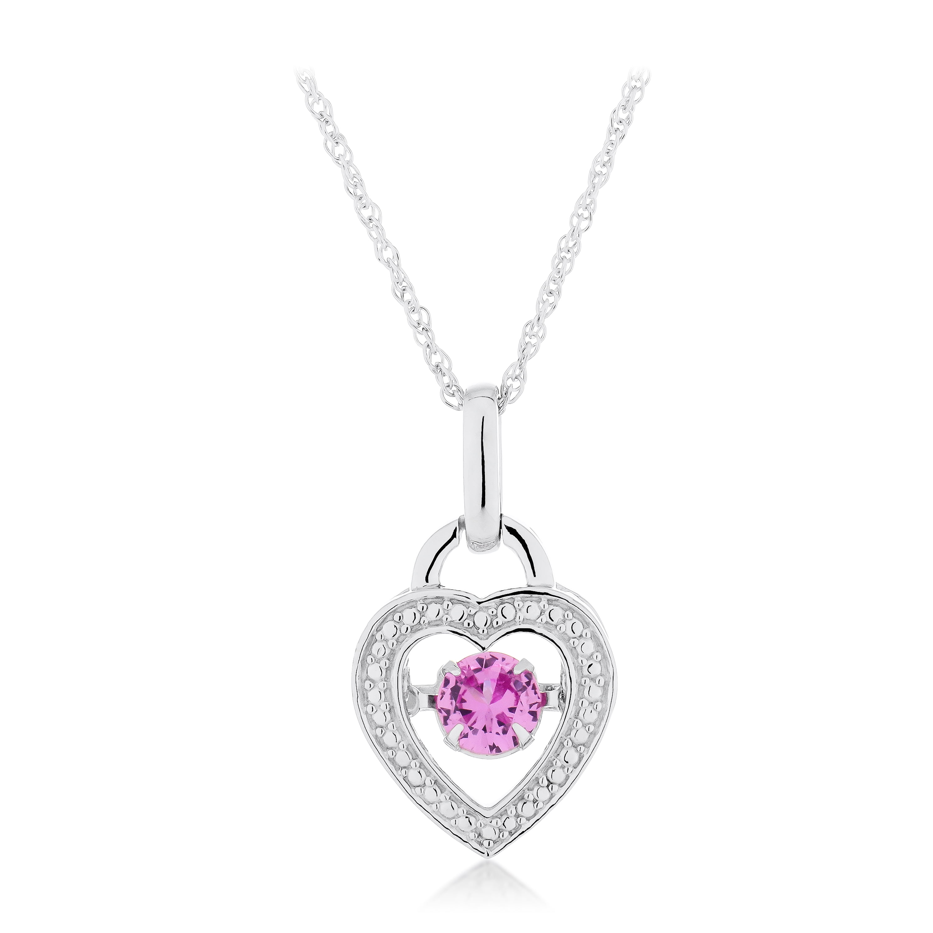 Jay Heart Designs 925 Sterling Silver Lab Created Pink Sapphire Open Heart Dancing Pendant, 18" Chain