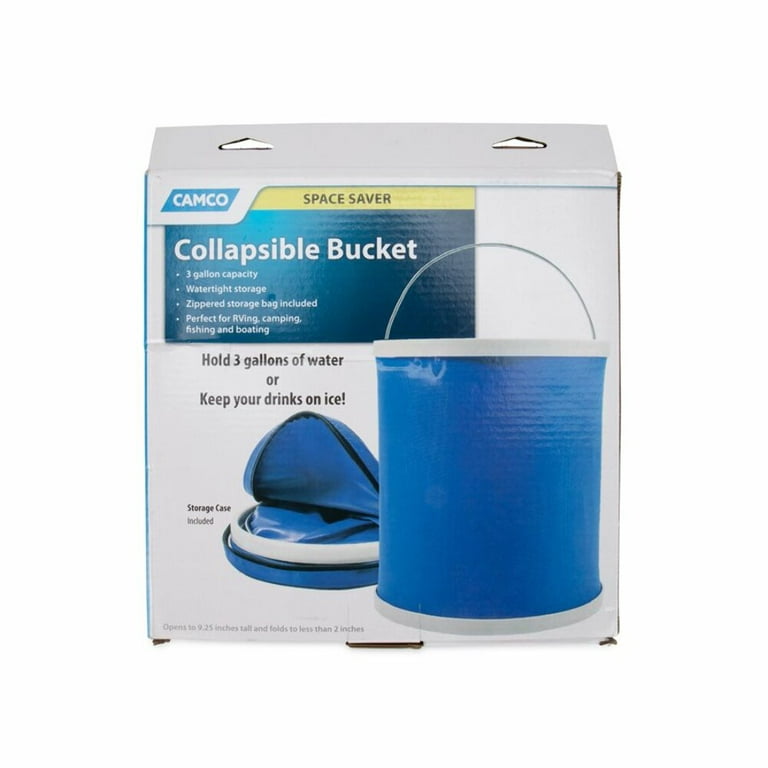 42993 CAMCO MANUFACTURING 9.25 Blue Collapsible Under Sink Drain Trap and  Water Heater Drain Valve Bucket with Zippered Storage Bag