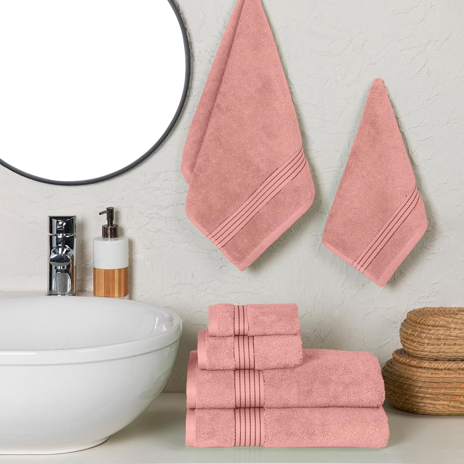 Cotton 6-Piece Towel Set, Includes 2 Washcloths, 2 Hand Towels and 2 Bath Towels, 100% Turkish Cotton , Dusty Rose