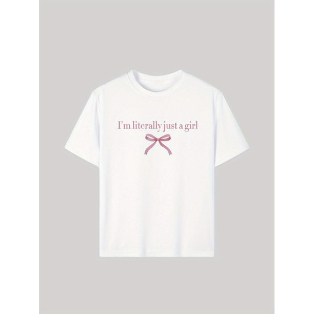 Camiseta informal de manga corta para niña con estampado "I'm Literally Just a Girl", lazo y dobladillo acanalado. Algodón suave, lavable a máquina. Ajuste cómodo para cualquier temporada. Ideal para