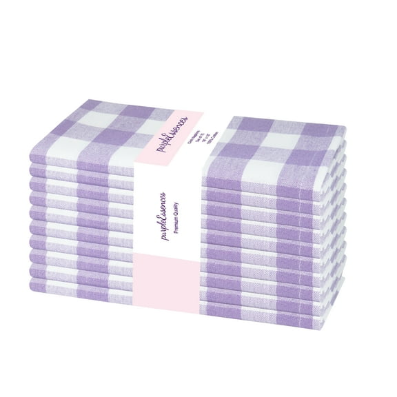 PurpleEssences Gingham Check Cloth Napkins Set of 10, 18x18 inches - Lavender and White