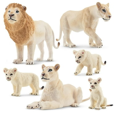6Pcs White Lion Figurines With Lion Cubs, 2-5" Jungle Animals Figures Realistic Family Set Includes Baby Lions, Educational Toy Cake Toppers Christmas Birthday Present For Kids