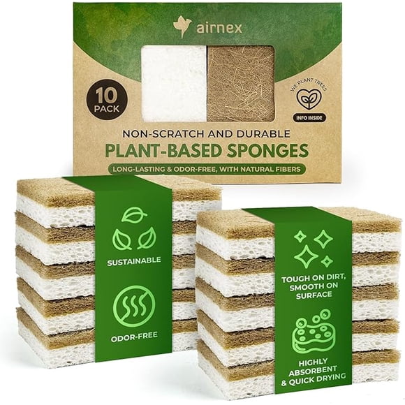 10 Pack Biodegradable Natural Kitchen Sponges - Eco Friendly Cellulose and Coconut Dish Scrubbers - Odourless, Non Scratch, Dual Sided Multipurpose Sponges