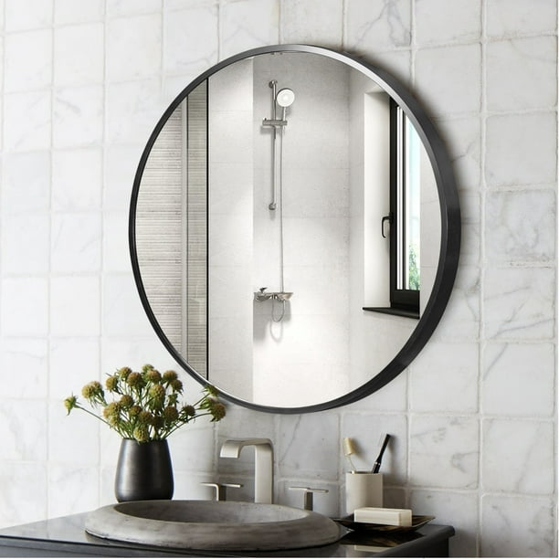 Neutype 36 Black Round Wall Mirror, Round Silver Framed Bathroom Mirror
