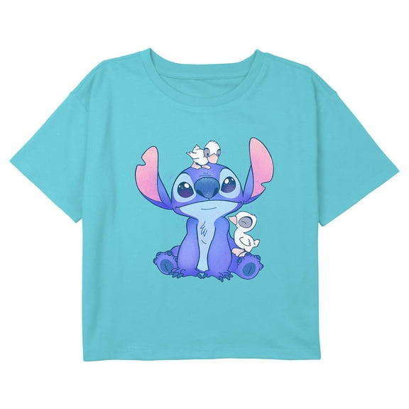 Girl's Lilo & Stitch Duck Friends Graphic Cropped T-Shirt Blue Medium