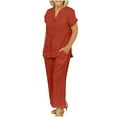 thumbnail image 3 of UVEASISHA Cotton Linen Sets for Women 2 Piece Office Work Outfits V Neck Short Sleeve Tops and Pants Set with Pockets Orange XXL, 3 of 7