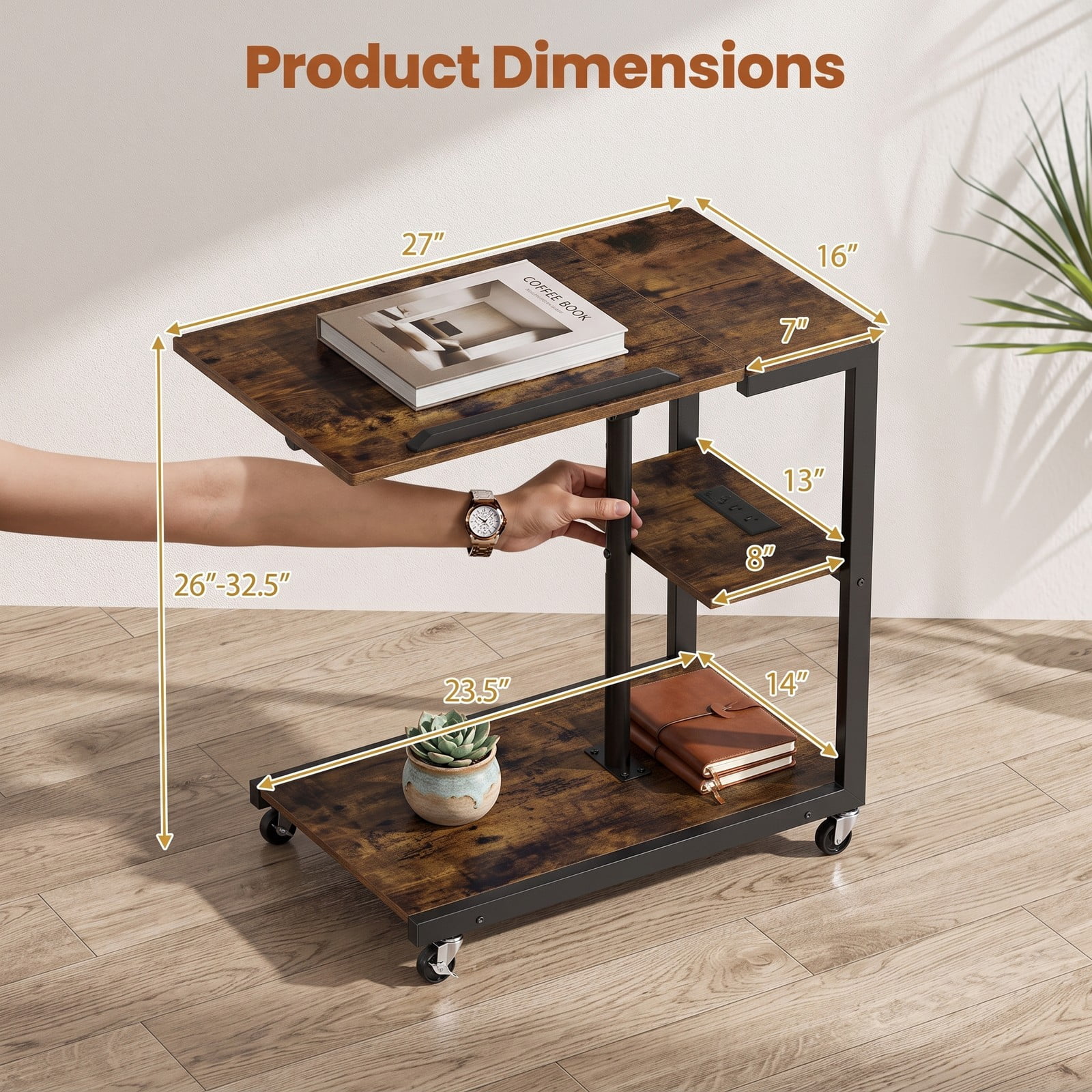 Furnibear 3-Tier Mobile Couch Side Table Set of 2 with Charging Station, Height Adjustable C-Shaped Sofa End Tables with Tiltable Tabletop, 2 AC, Rustic Brown & Black