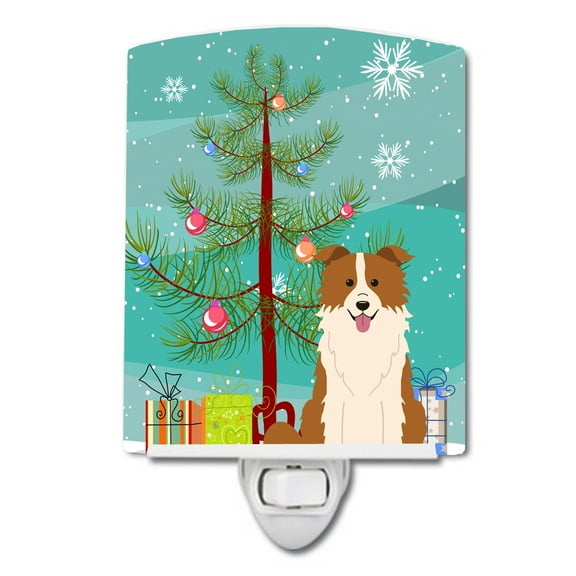 Caroline's Treasures BB4244CNL Merry Christmas Tree Border Collie Red White Ceramic Night Light, 6x4x3", multicolor