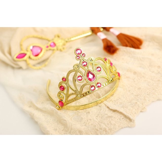 3Pcs Baby Girls Snow Queen Magic Wand Gold Tiara Crown Blonde Braid Wig Hair Set