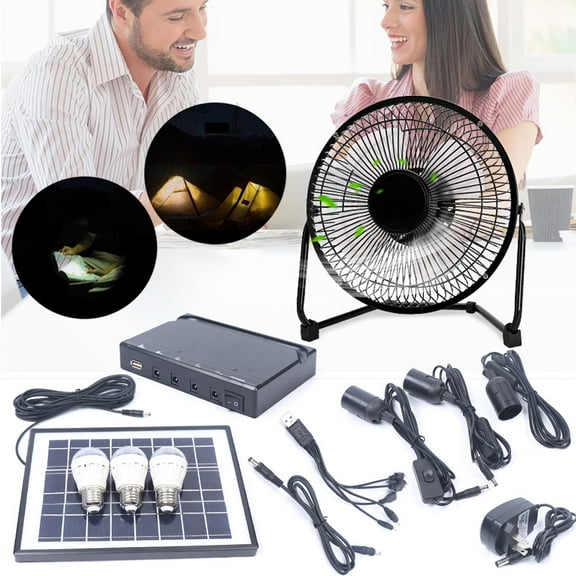 Solar Generator with Fan & Light, Portable Solar Panel Kit for Outdoor Camping, Emergency, Greenhouse, Shed, Includes 3 Bulbs & 4000mAh Battery