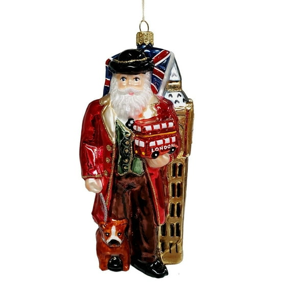 English Santa with Big Ben Trolley and Flag Polish Glass Christmas Tree Ornament