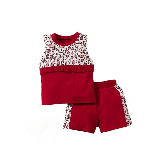 Seyurigaoka Little Girl’s Leopard Stitching Sleeveless Tops and Short Pants Set