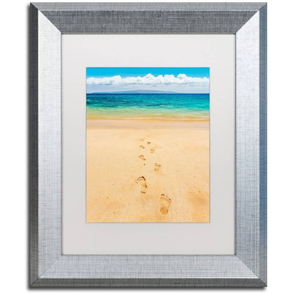 Trademark Fine Art 'Footprints in the Sand' Canvas Art by Pierre Leclerc, White Matte, Silver Frame