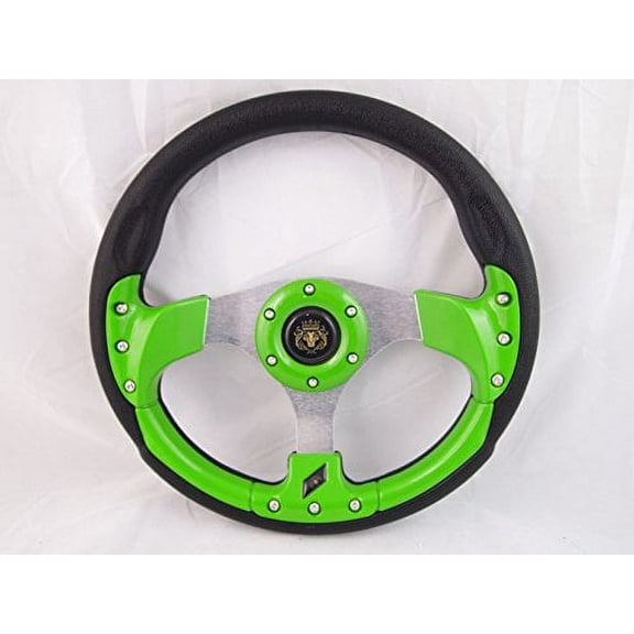 New World Motoring YAMAHA GOLF CART & POLARIS RHINO Green steering wheel W/ CHROME Adapter 3 spoke
