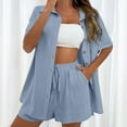 thumbnail image 2 of Holzkary Women's Summer Cotton Linen Short Sets 2 Piece Shorts Top Lounge Beach Vacation Fashion Casual Cardigan Short Sleeve Shorts 2 Piece Set Woman Summer Blue L, 2 of 6