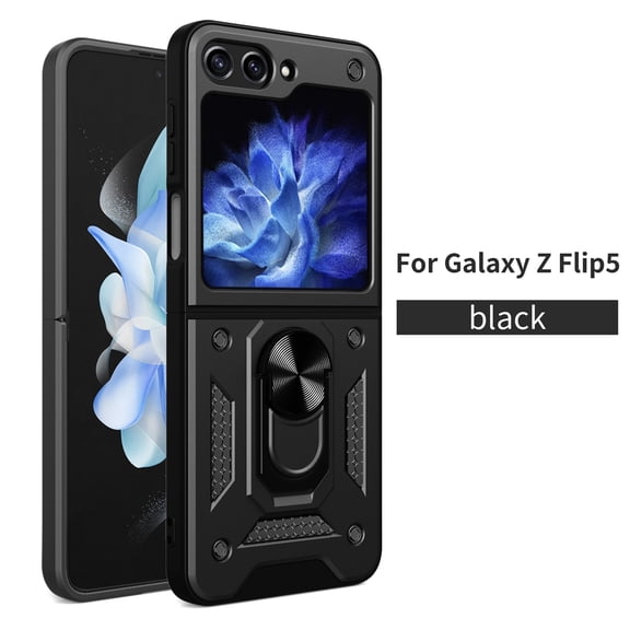 for Samsung Galaxy Z Flip 5 5G Case, with Ring Kickstand and Camera Protection,Heavy Duty Protective Shockproof Protective Rubber PC Phone Back Cover for Samsung Galaxy Z Flip 5, Black