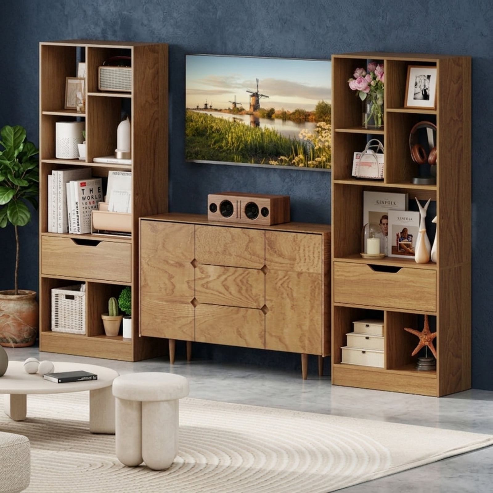Furnibear 51 Inch Tall Freestanding Bookcase with Drawer and 7 Open Cube Shelves Wood Storage Organizer for Living Room and Study, Natural