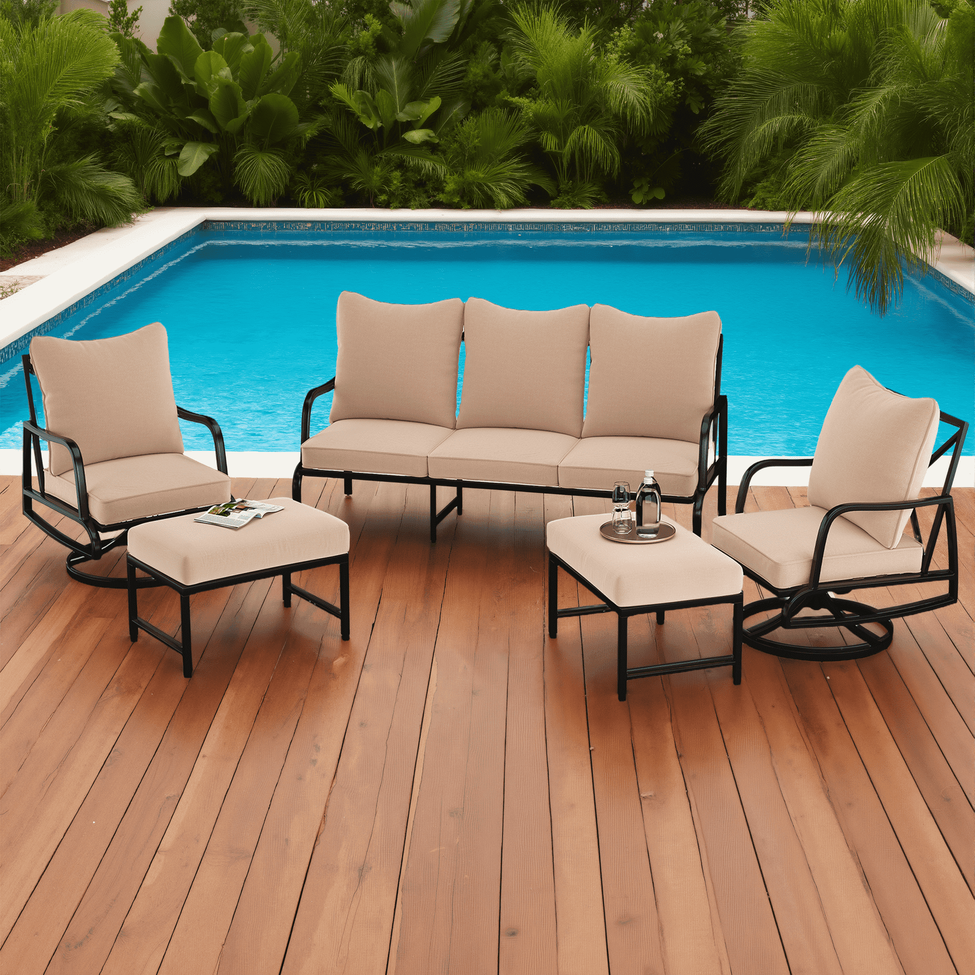 MAYEERTY 5-Piece Metal Frame Outdoor Patio Set with Swivel Chairs, Three-Seater Sofa, and Ottomans