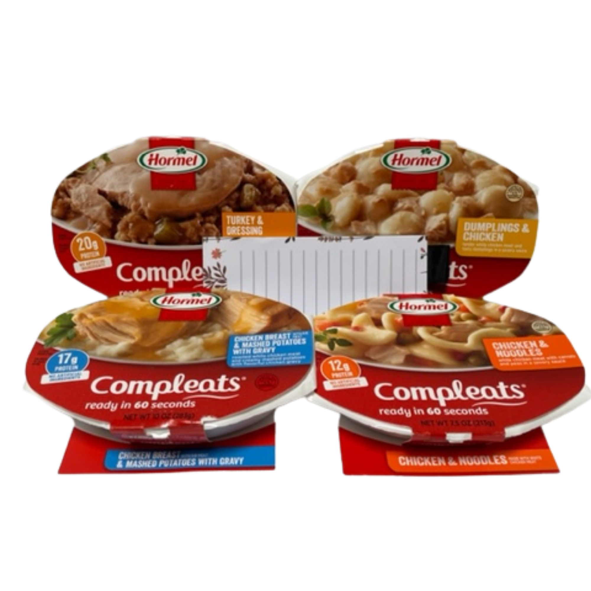 Hormel Compleats Poultry 4 pack, Chicken Dumplings, Turkey Dressing, Chicken&Noodles, Chicken Breast with Gravy. Comes with Magnetic Pad