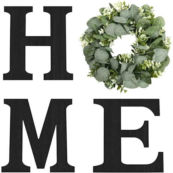 Wood Home Sign with Artificial Eucalyptus Wreath for O, Hanging Farmhouse Wall House Decor Wood Letters for Wall Art Rustic Home Decor, Wall Decor for Living Room Kitchen Entryway