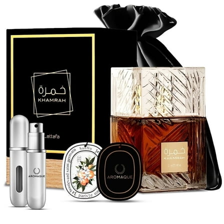 Aromaque Bundle: Lattafa Khamrah Perfume 3.4oz, Refillable Bottle, 2 Car Fresheners & Satin Bag