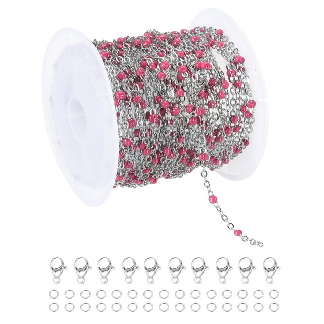 Cadena de cuentas de acero inoxidable Uxcell, 16.4 pies/5M cable de joyería con cuentas de esmalte (plata/rojo rosa, paquete de 1)