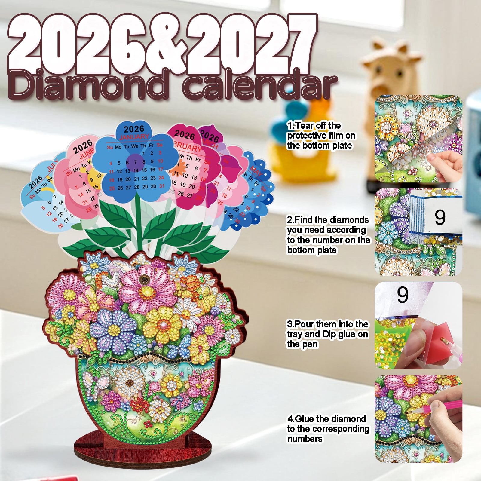 FLOPESN 2026-2027 Wooden Desktop Calendar DIY Diamond Art Painting Kits,Creative Design PVC Insert Home Decor Ornament-Bouquet