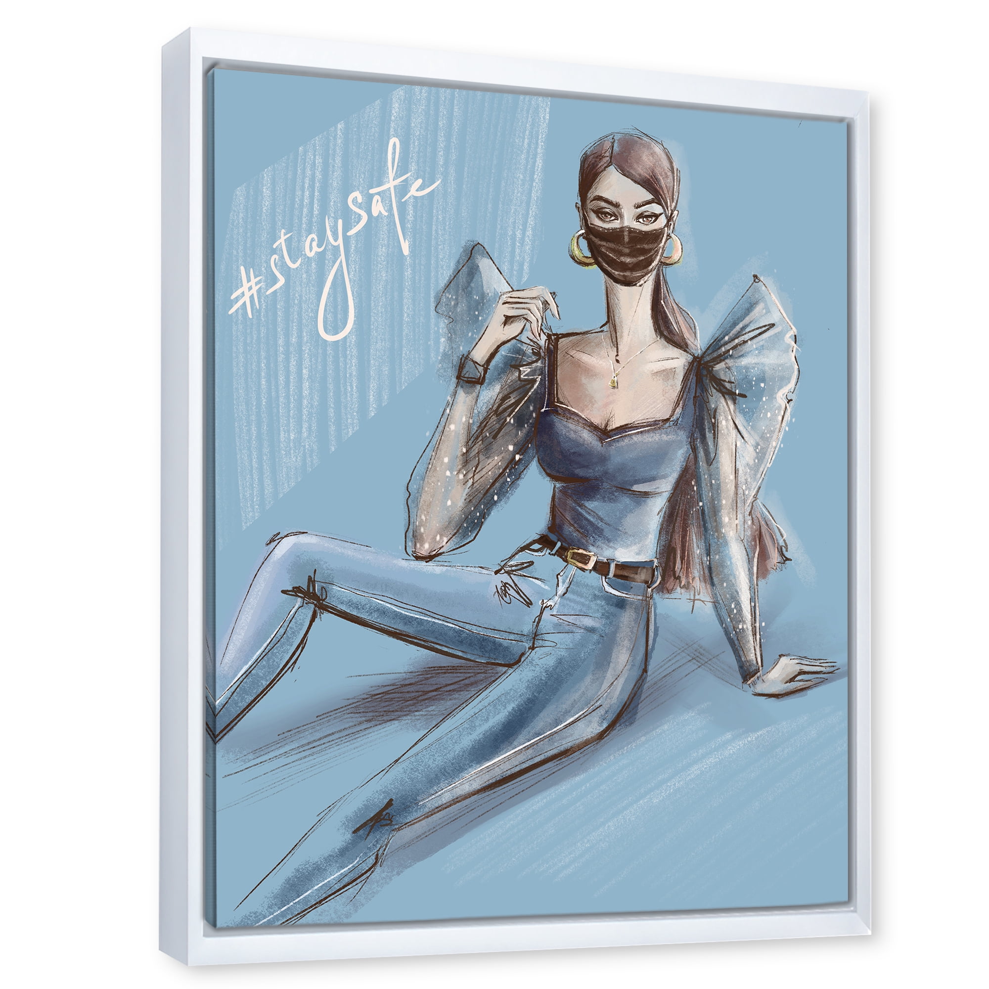 Designart 'Stylish Beautiful Woman Wearing Medical Mask' Traditional Framed Canvas Wall Art Print