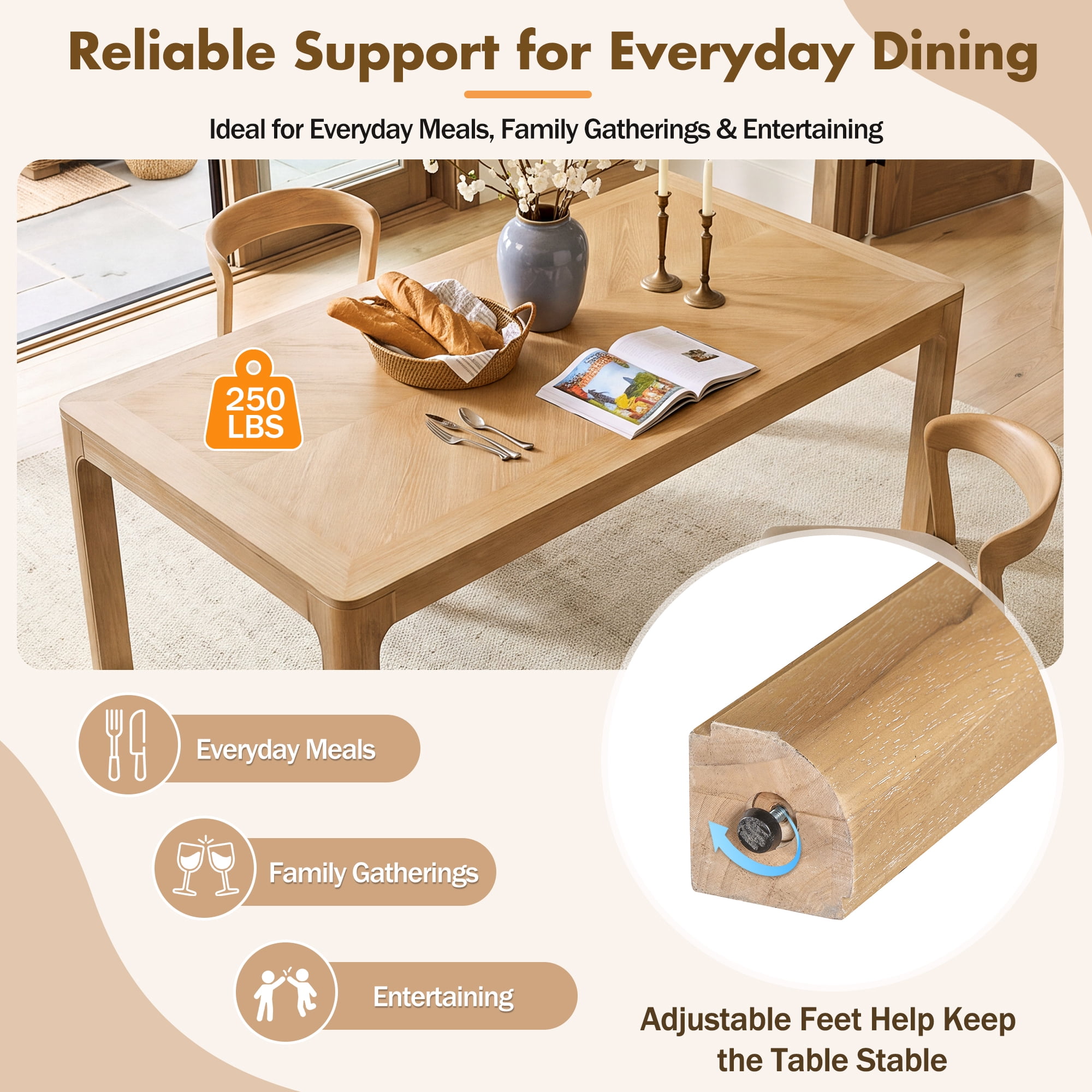 Euroco 60" Rectangular Dining Table for 4-6 Person,Farmhouse Wood Kitchen Table with Rounded Corners and Curved Leg for Kitchen Living Room,Natural
