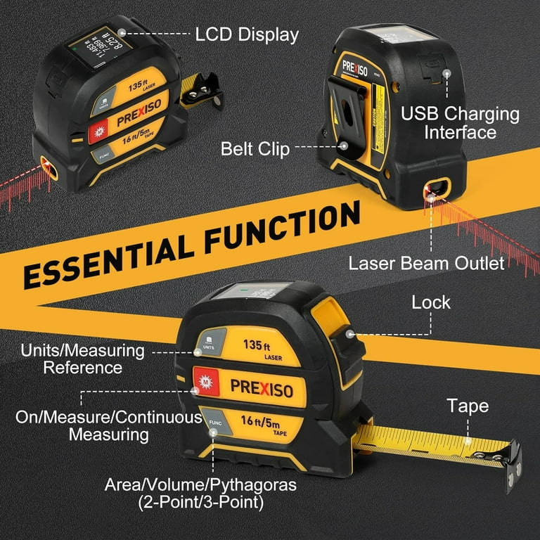 PREXISO 2 in 1 Laser Tape Measure 135Ft Rechargeable Measurement Tool 16Ft Measuring Movable Magnetic Hook Pythagorean Area Volume