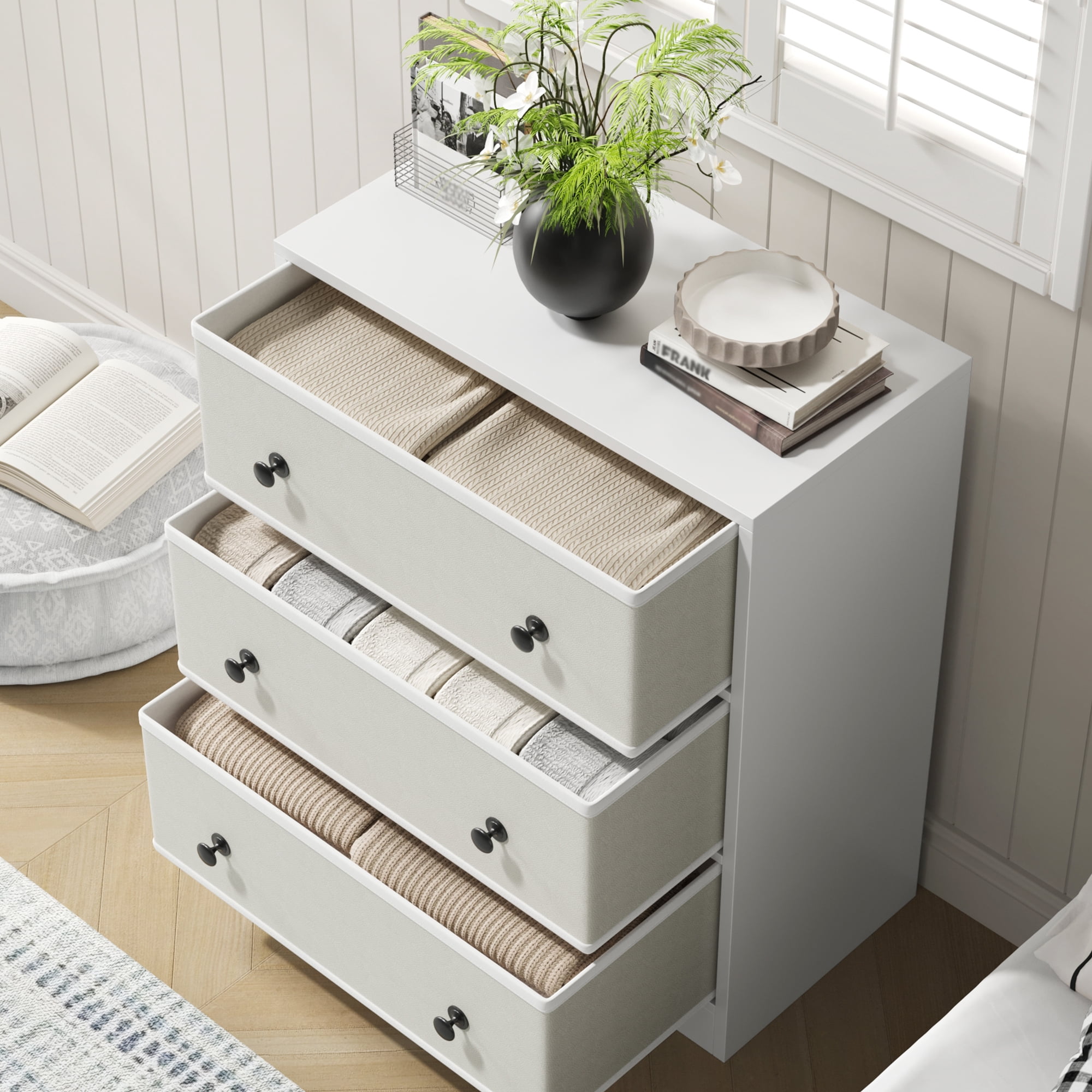 DIYART 3 Drawers Dresser for Bedroom, Modern Storage Cabinet with PU & Non-Woven Fabric Drawers, Small Fabric Dresser for Bedroom and Living Room, White